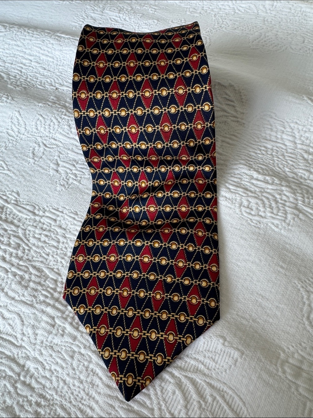 Vintage Navy and Burgundy Geometric Chain-Print Silk Tie